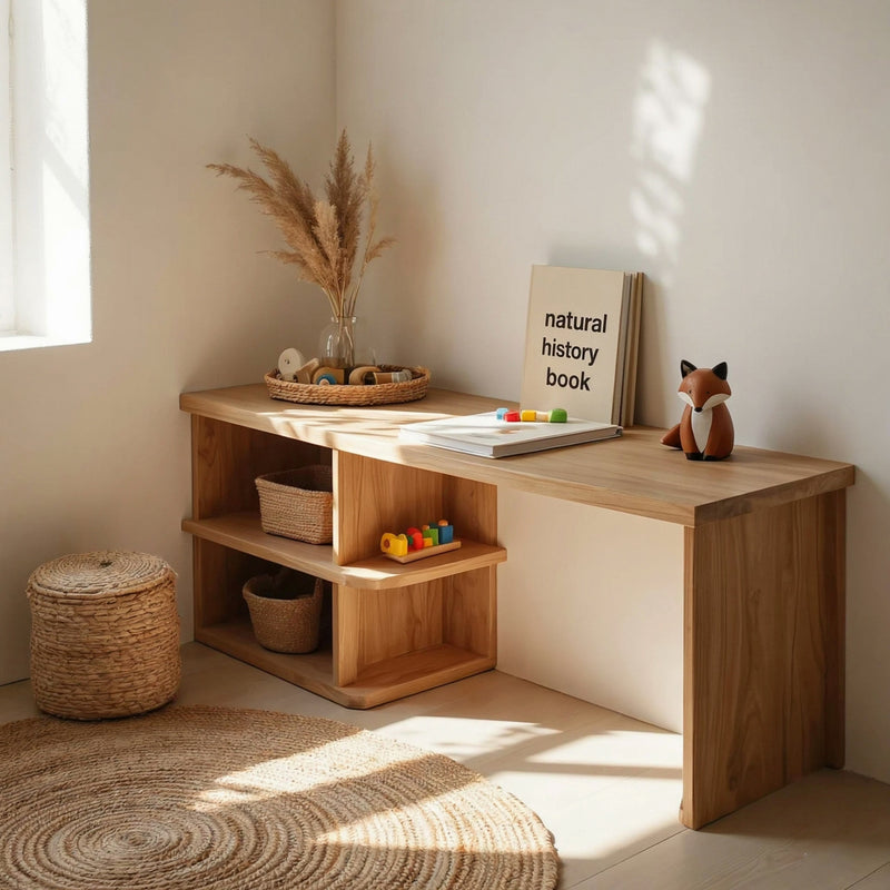 Montessori Handcrafted Low Solid Wood Kids Activity Desk & Multi-Cubby Storage Bench