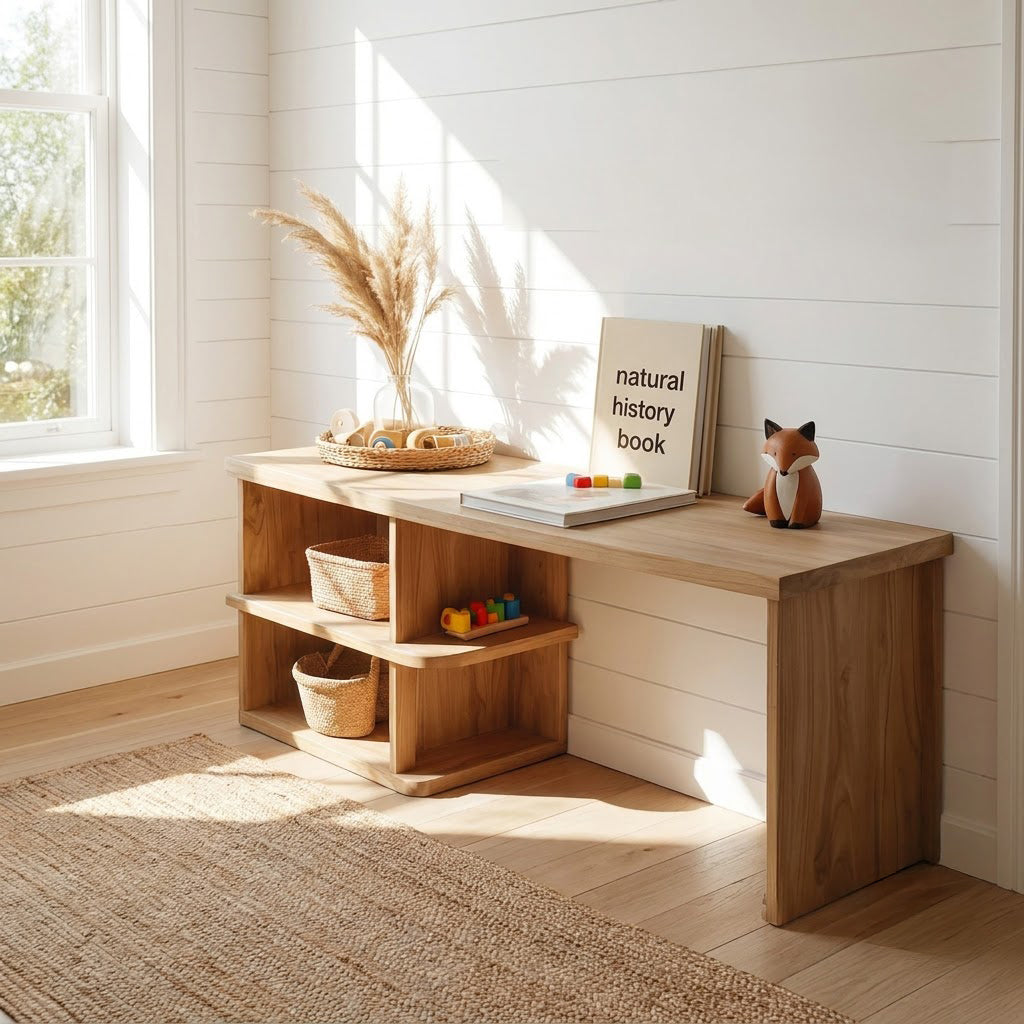 Montessori Handcrafted Low Solid Wood Kids Activity Desk & Multi-Cubby Storage Bench