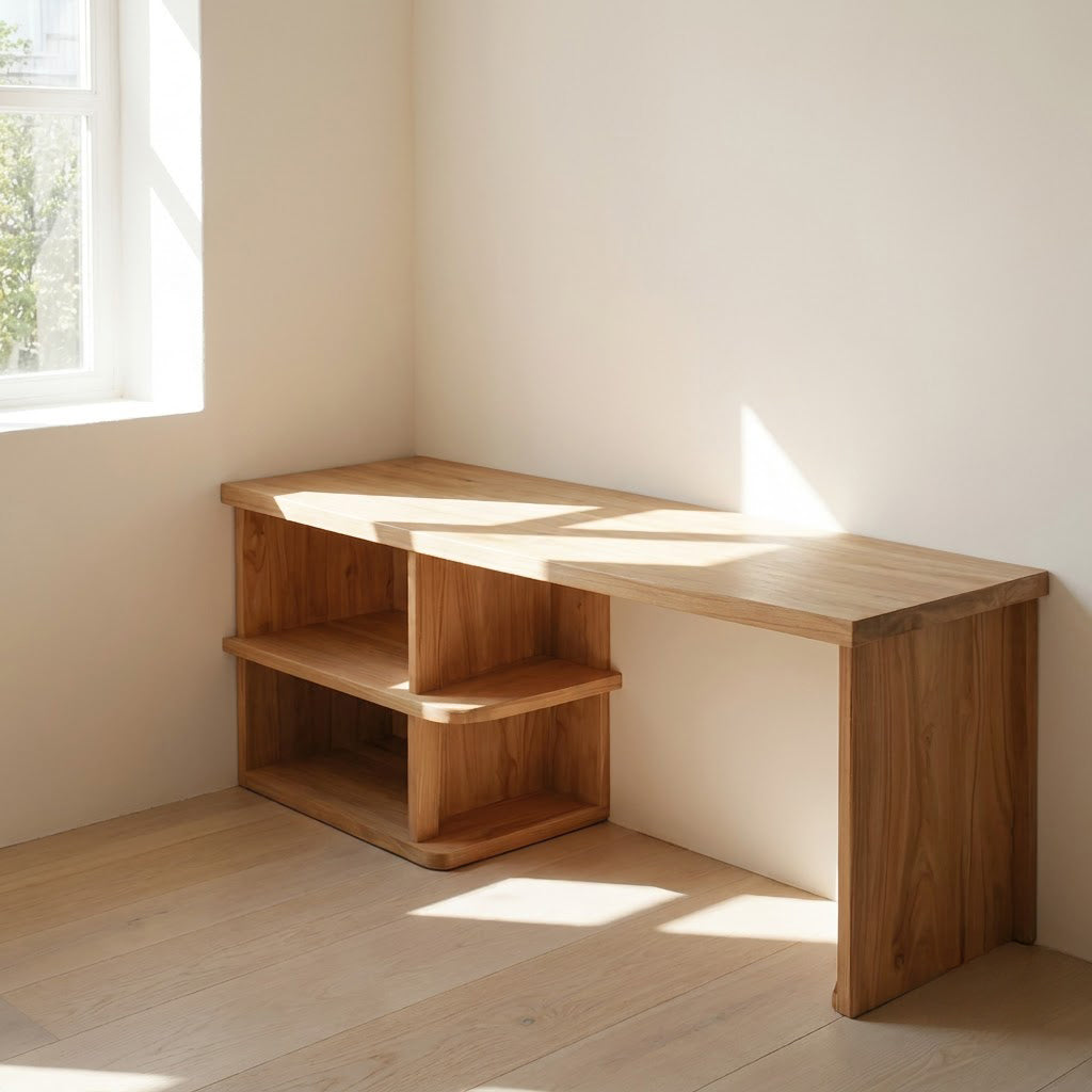 Montessori Handcrafted Low Solid Wood Kids Activity Desk & Multi-Cubby Storage Bench