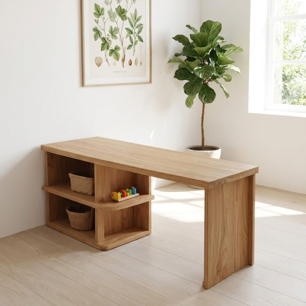 Montessori Handcrafted Low Solid Wood Kids Activity Desk & Multi-Cubby Storage Bench