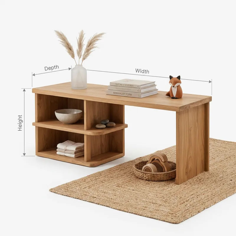 Montessori Handcrafted Low Solid Wood Kids Activity Desk & Multi-Cubby Storage Bench