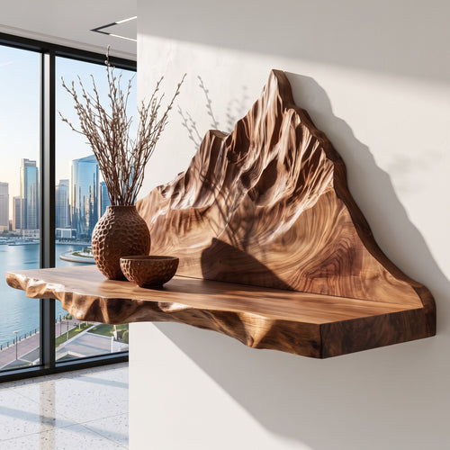 Mountain Landscape Relief Solid Wood Floating Shelf Live Edge Display Ledge