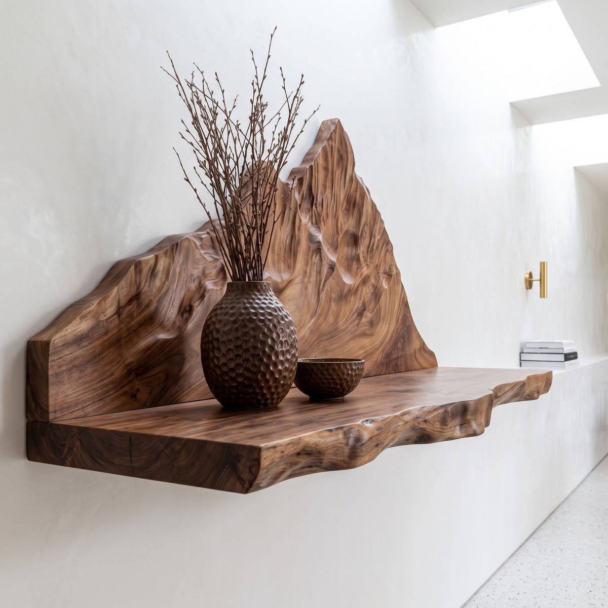 Live edge solid wood display ledge styled in a modern interior
