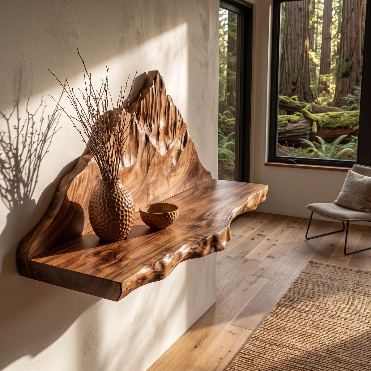 Handcrafted solid wood mountain landscape shelf styled in an elegant reading nook