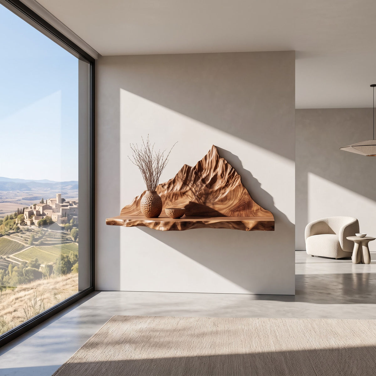 Handcrafted solid wood mountain landscape shelf styled in an elegant reading nook