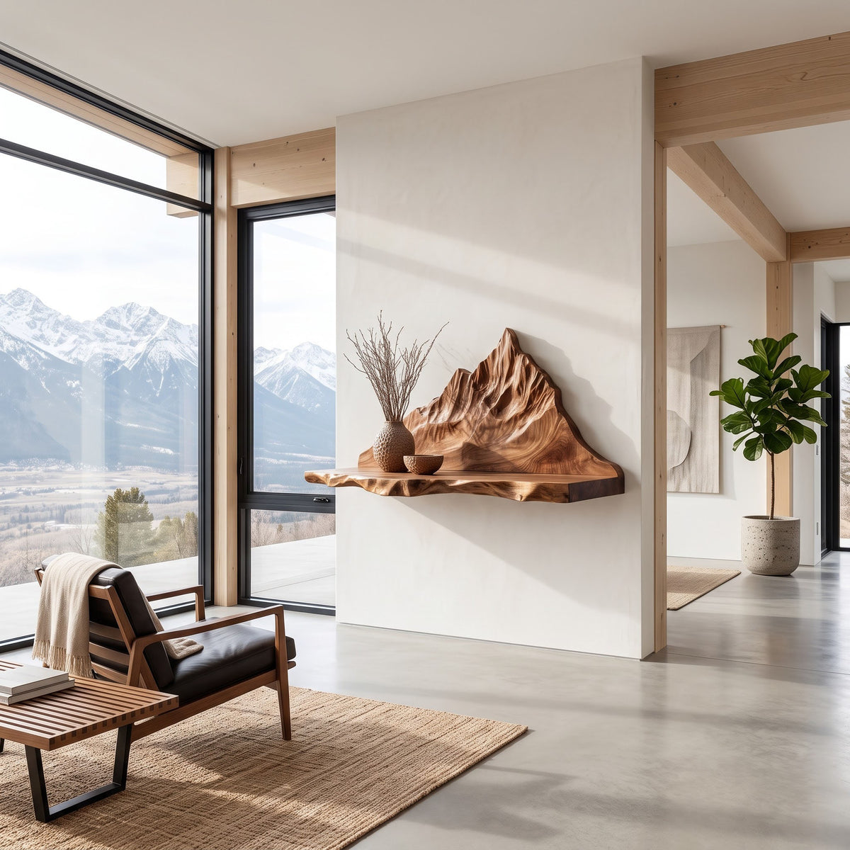 Mountain landscape relief solid wood floating shelf in a contemporary living room