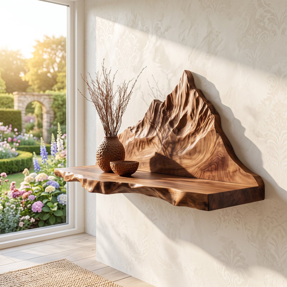 Live edge solid wood display shelf showcased as a statement wall accent