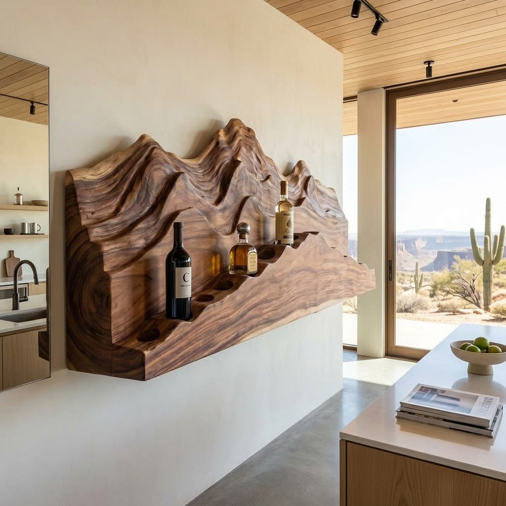 Mountain landscape relief wine rack in solid wood