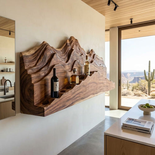 Mountain Landscape Relief Solid Wood Wine Rack Sculptural Wall Mounted Bar Shelf