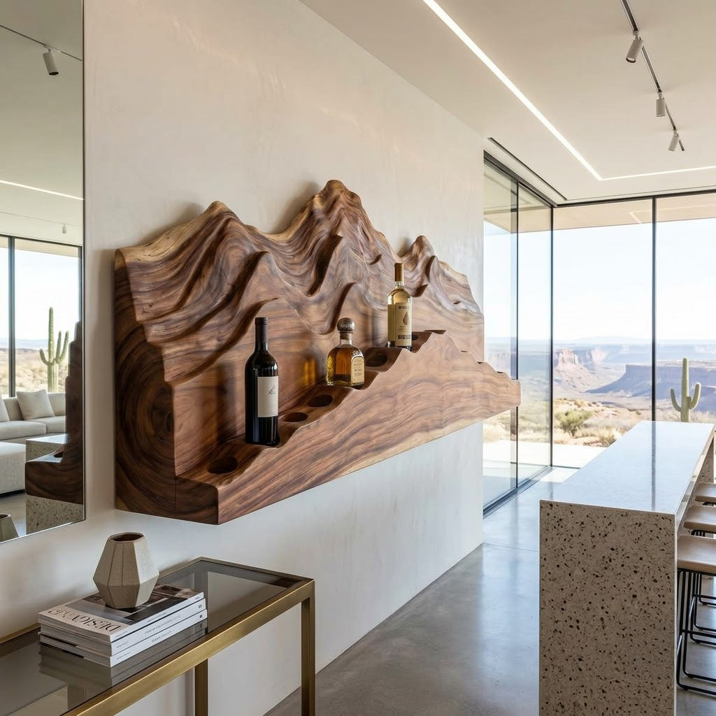 Mountain landscape relief solid wood wine rack in a contemporary dining room