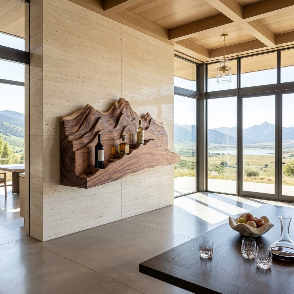 Sculptural solid wood wine storage shelf showcased as a statement wall display