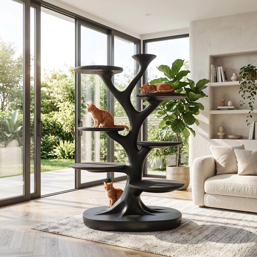 Multi-tier sculpted botanical canopy cat tree in solid wood