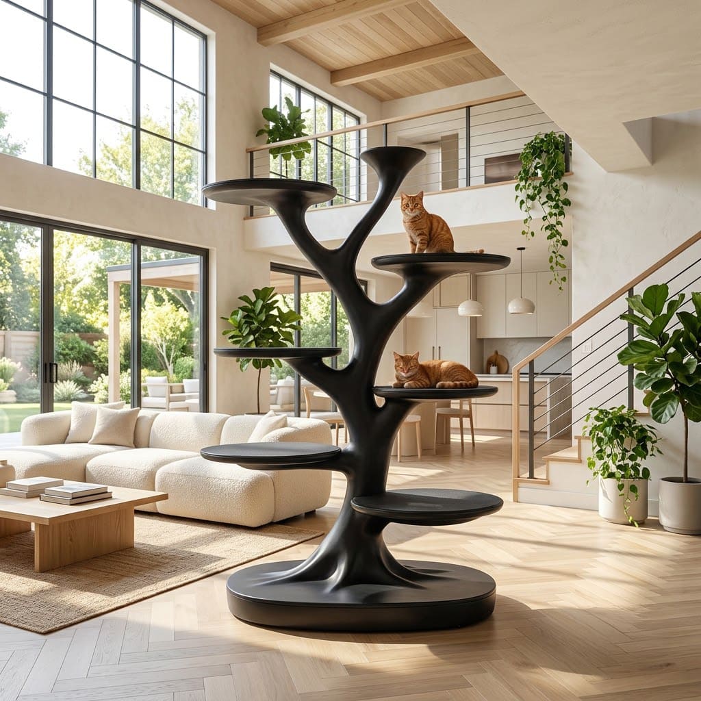 Multi-tier sculpted botanical canopy solid wood cat tree in a contemporary living room