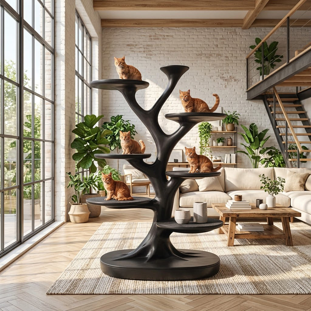 Sculptural solid wood cat tower with multi-tier perches in a contemporary living space