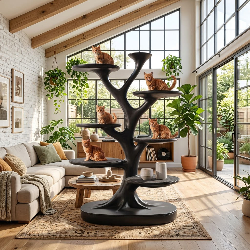 Sculpted botanical canopy cat tree featured in a sophisticated pet-friendly home interior