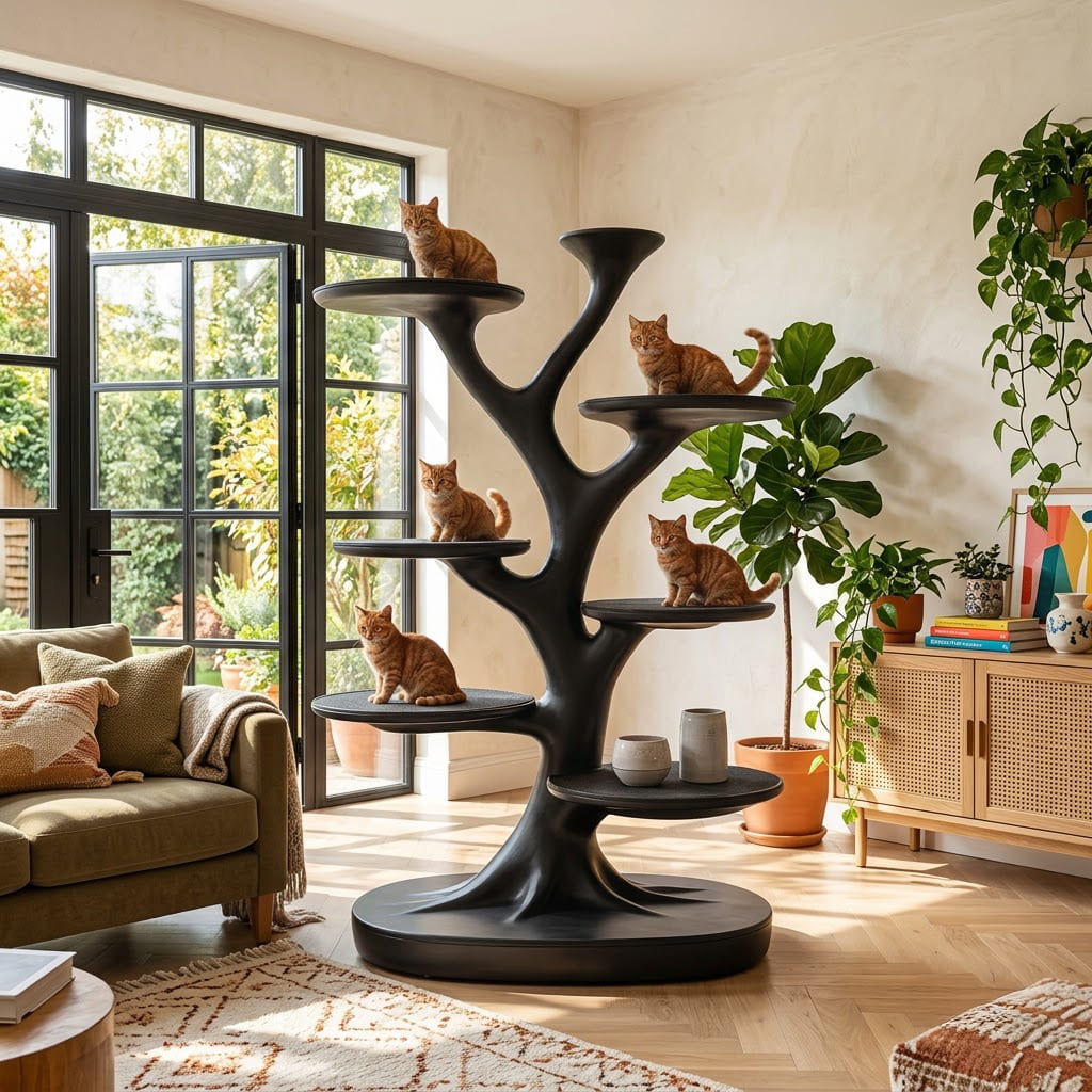 Multi-tier solid wood cat tower styled in an elegant modern pet corner