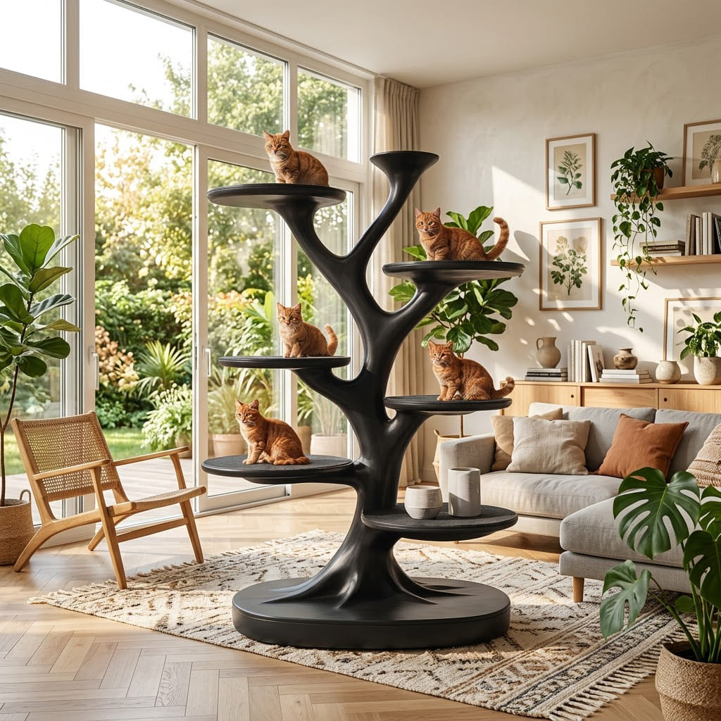 Sculptural solid wood cat tower with multi-tier perches in a contemporary living space