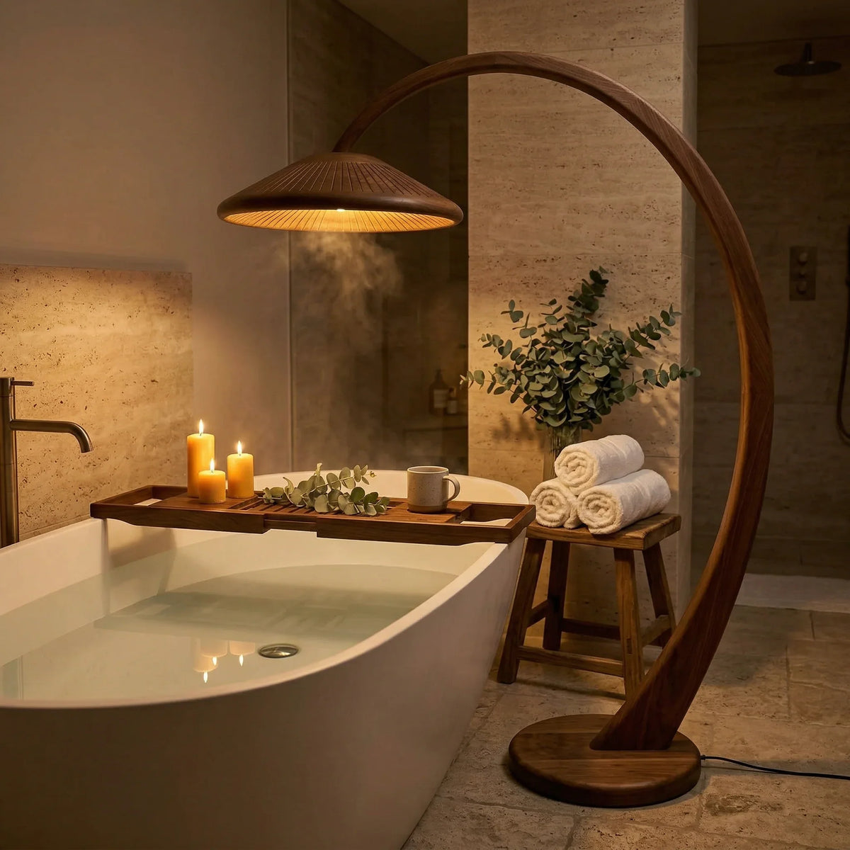 Handcrafted mushroom arc floor lamp with wood stem next to modern bathtub, candles, and towels
