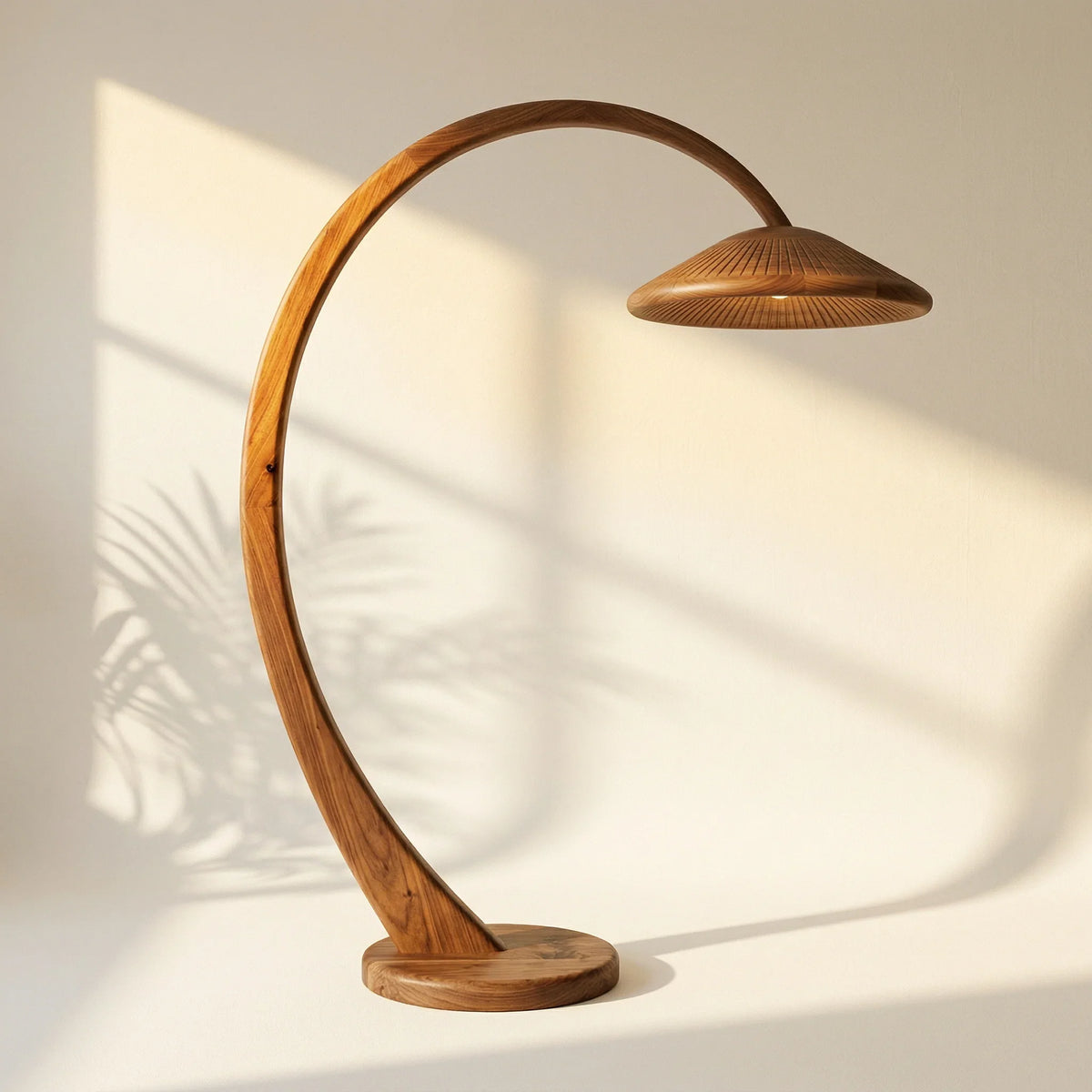 Handcrafted solid wood arc floor lamp with wide parasol shade in a minimalist room