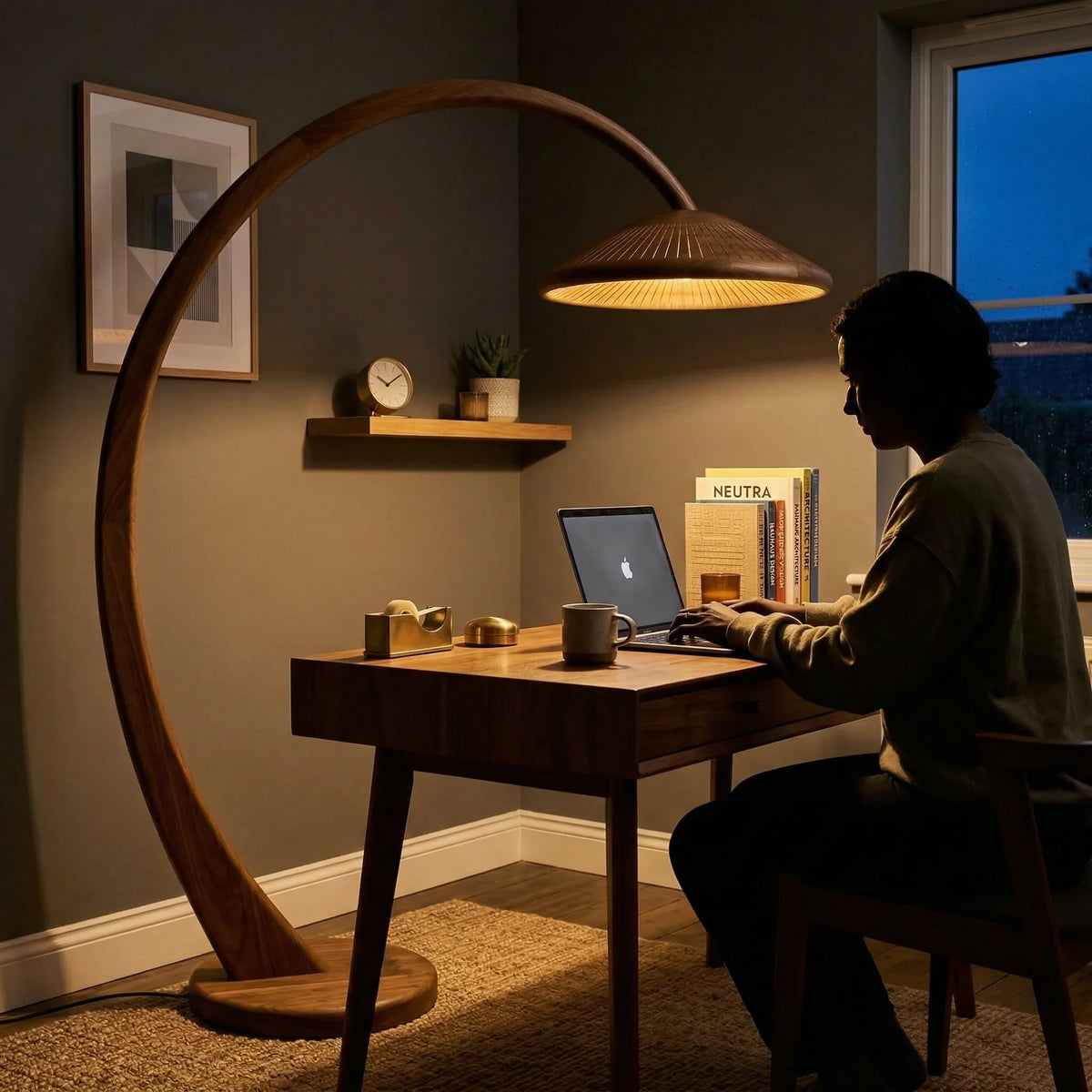 Handcrafted mushroom arc floor lamp with wooden stem and parasol shade beside a desk in a cozy bedroom.