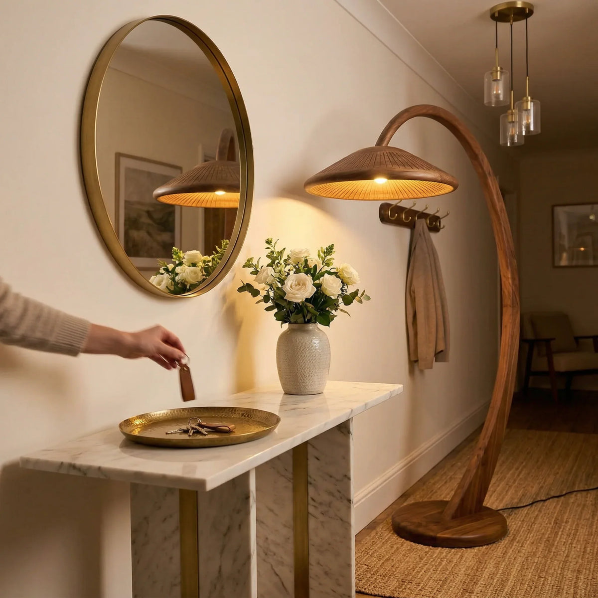 Handcrafted mushroom arc floor lamp with wood stem and wide slat shade in cozy bedroom corner