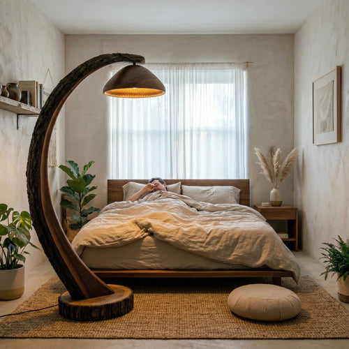 Bark-On Mushroom Arc Floor Lamp with Deep Bell Gill Shade