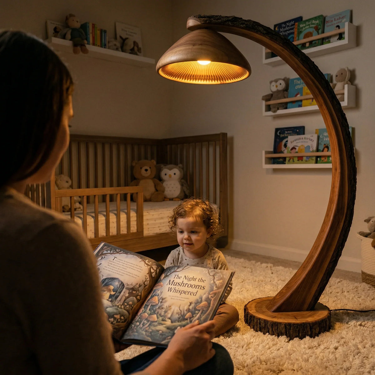 Curved log stem mushroom arc floor lamp with bell gill slat wood shade in cozy nursery.