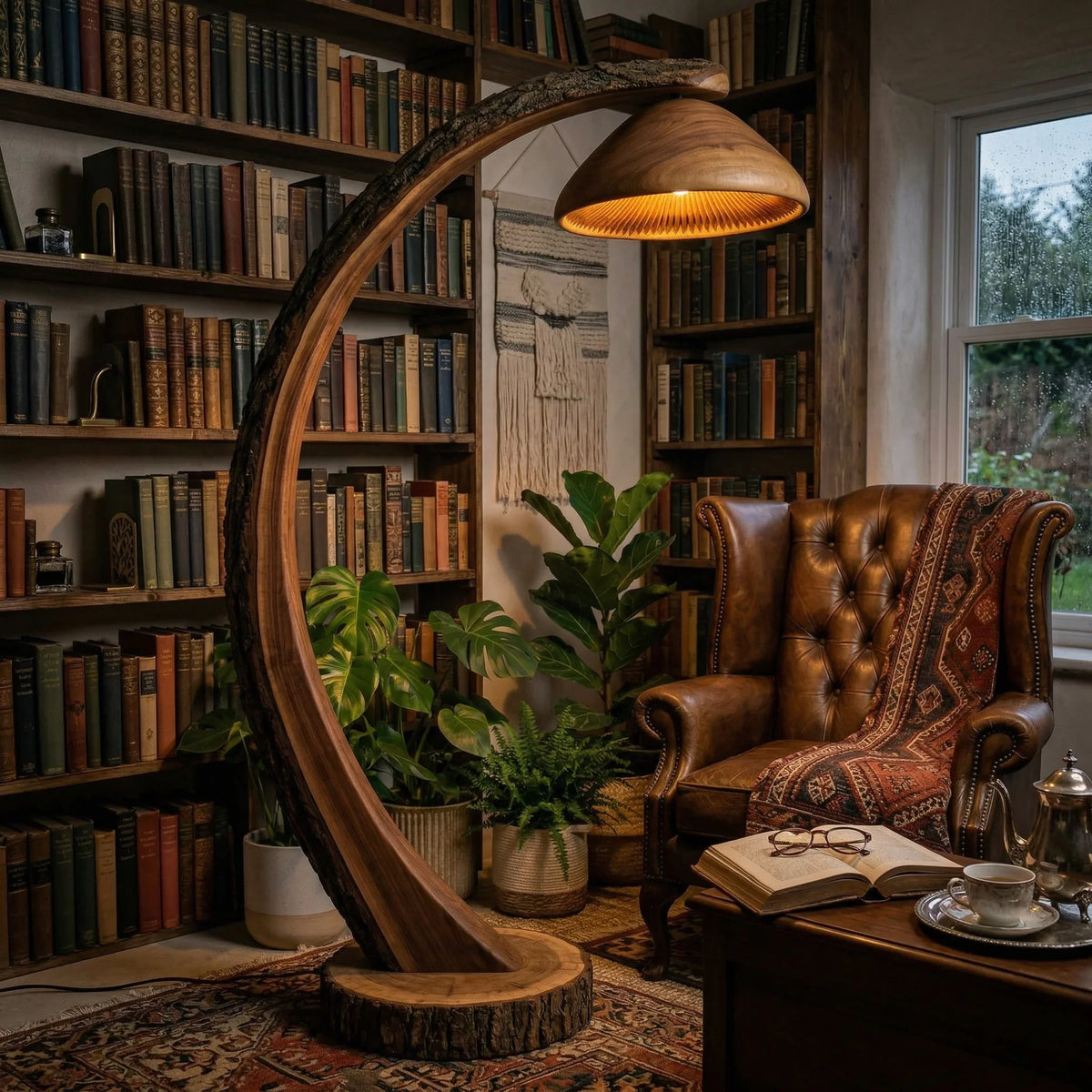 Mushroom arc floor lamp with bark-on curved wood stem in cozy reading nook with bookshelves