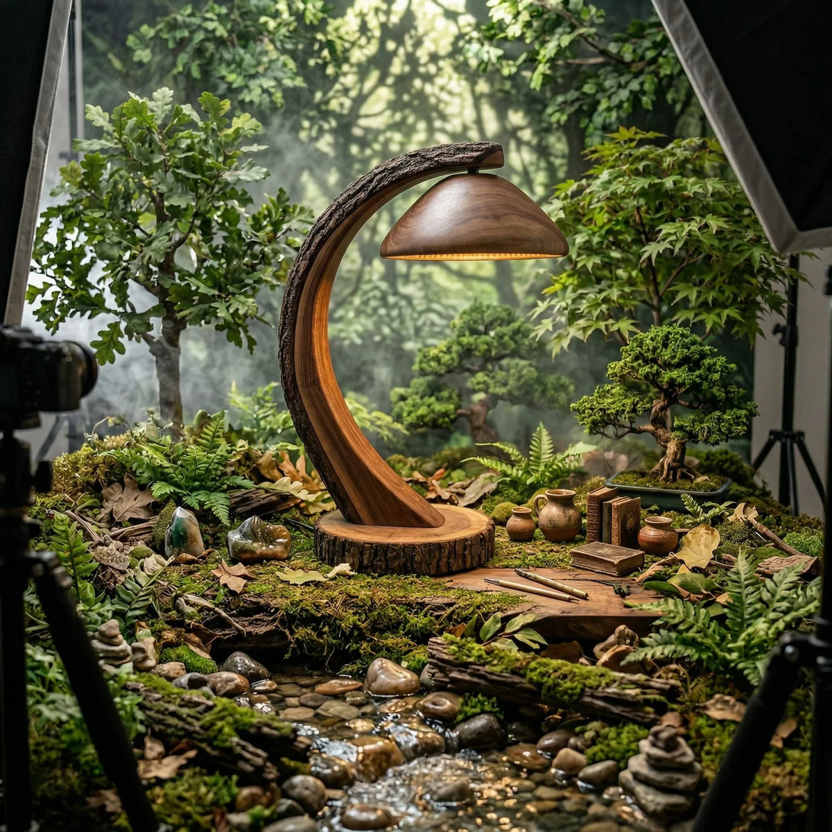 Mushroom arc floor lamp with bark-on curved wood stem and bell-shaped slat shade in a forest-themed setting.