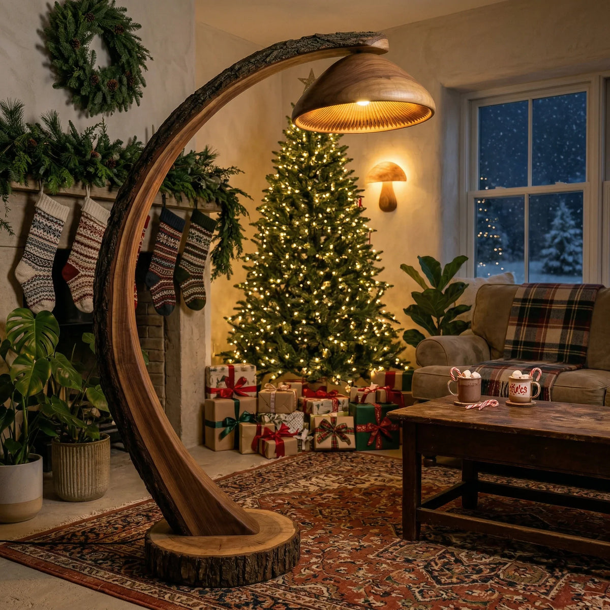 Mushroom-shaped wood arc floor lamp with bark-on log stem in cozy holiday living room
