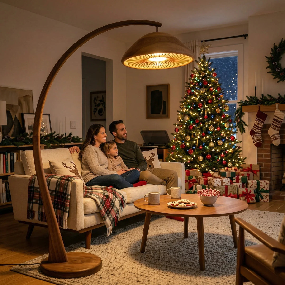 Handcrafted mushroom arc floor lamp with gill slat dome shade and solid wood stem in cozy living room.