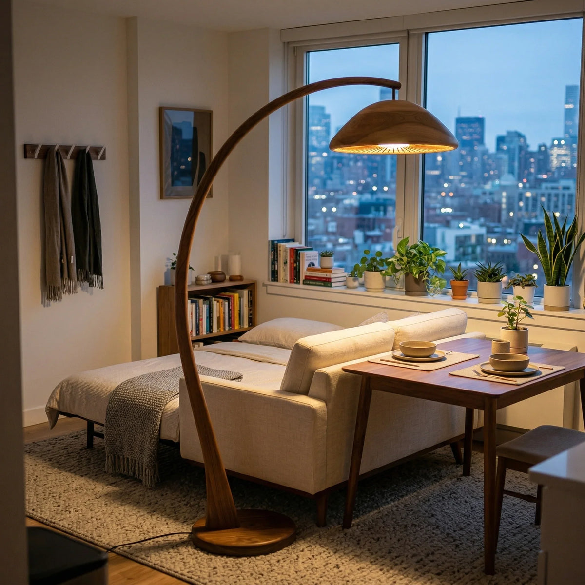 Handcrafted mushroom arc floor lamp with wooden stem and dome shade in cozy modern living room