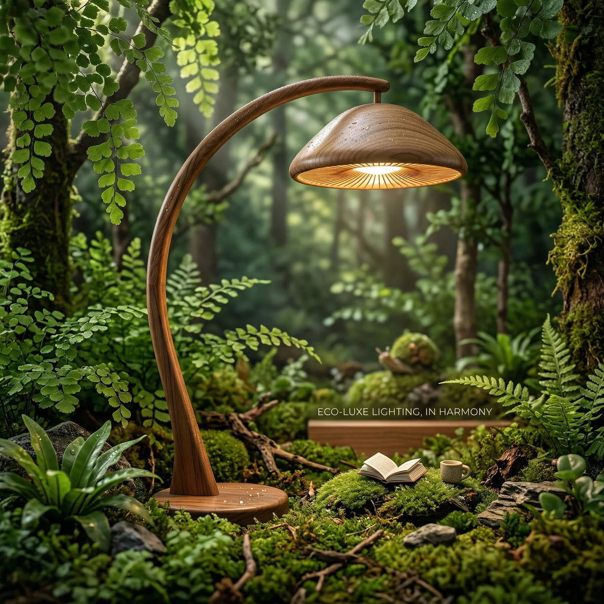 Handcrafted mushroom arc floor lamp with wood stem and slat dome shade in forest setting