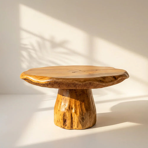Mushroom Coffee Table - Handcarved Solid Wood Sculptural Table with Live Edge Cap Top & Ribbed Pedestal Base