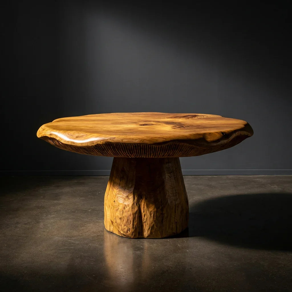 Solid wood mushroom-shaped coffee table with natural live edge design on dark floor