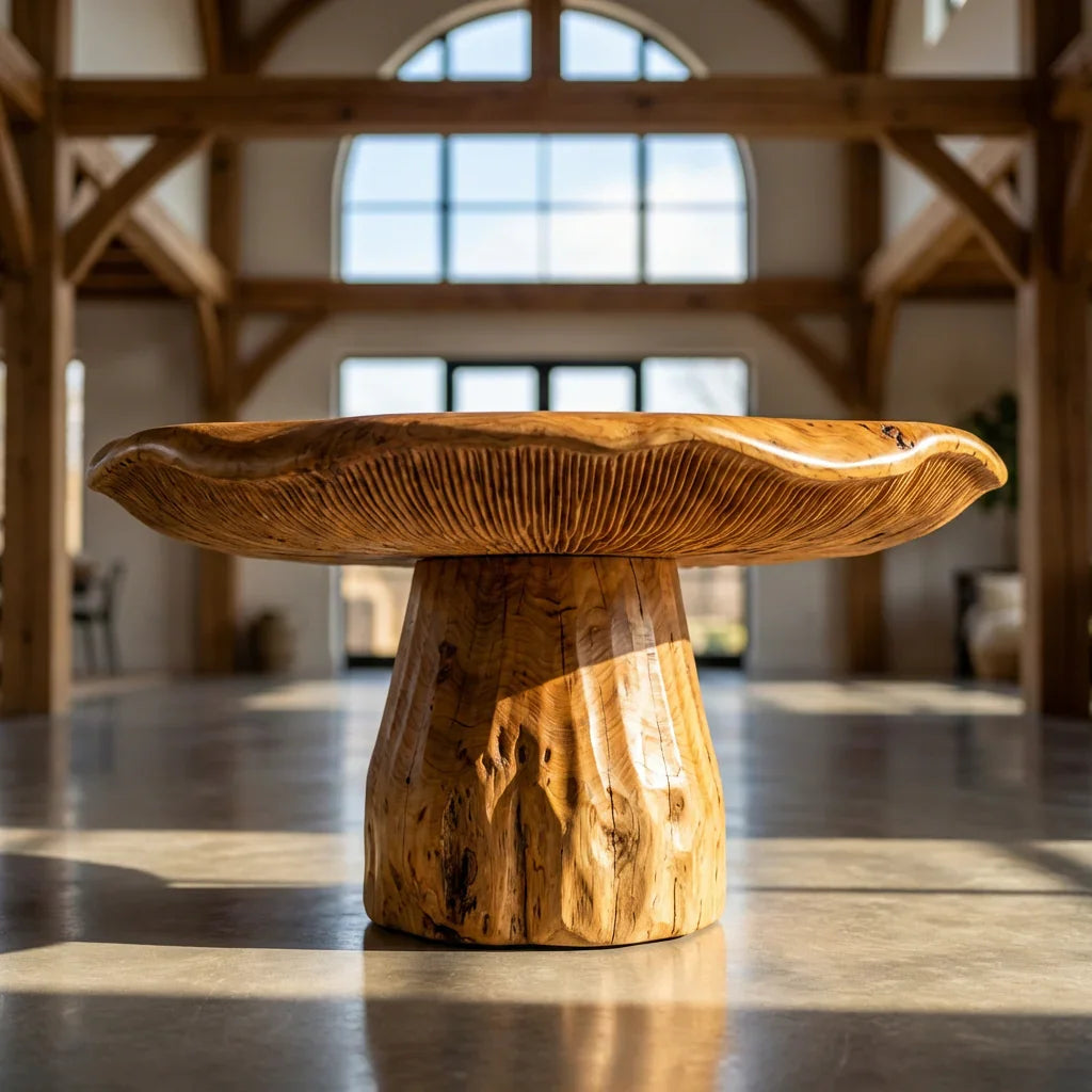Solid wood mushroom-shaped coffee side table with live edge design in a bright room