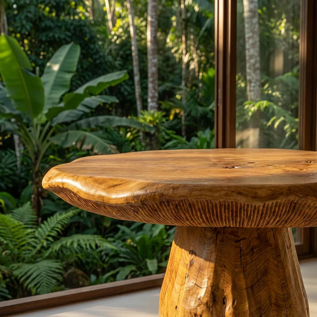 Solid wood mushroom-shaped coffee side table with natural edge, set by large windows and lush greenery