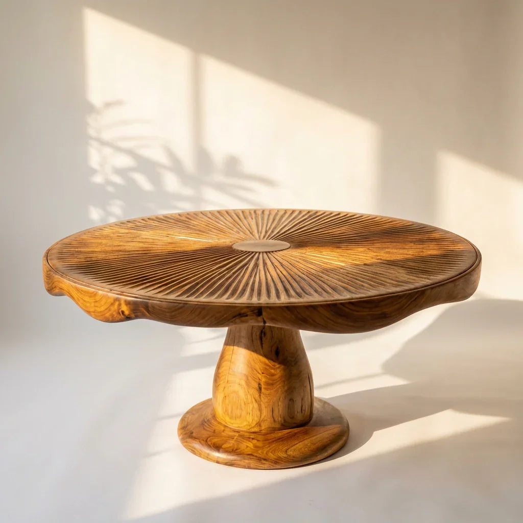 Mushroom Coffee Table with Carved Gill Top and Pedestal Base, Handcrafted Solid Wood Round Table with Live Edge Rim for Living Room - Ashdeco 2026
