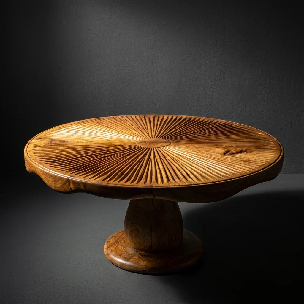 Mushroom Coffee Table with Carved Gill Top and Pedestal Base, Handcrafted Solid Wood Round Table with Live Edge Rim for Living Room - Ashdeco 2026