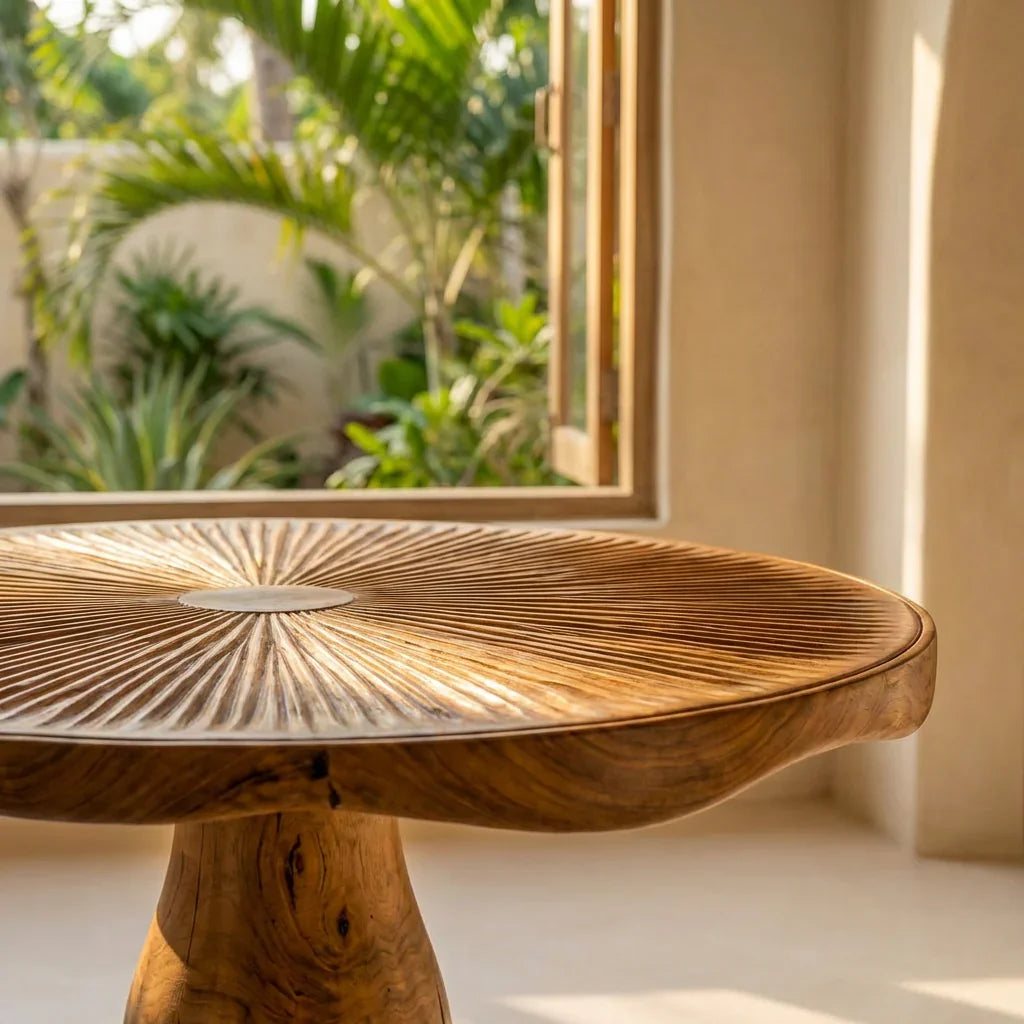 Mushroom Coffee Table with Carved Gill Top and Pedestal Base, Handcrafted Solid Wood Round Table with Live Edge Rim for Living Room - Ashdeco 2026