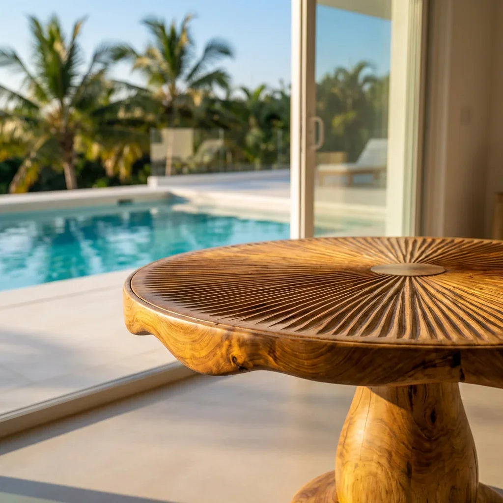 Mushroom Coffee Table with Carved Gill Top and Pedestal Base, Handcrafted Solid Wood Round Table with Live Edge Rim for Living Room - Ashdeco 2026