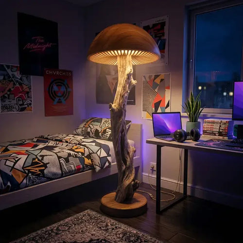 Mushroom Floor Lamp with Driftwood Stem and Gill Glow Cap