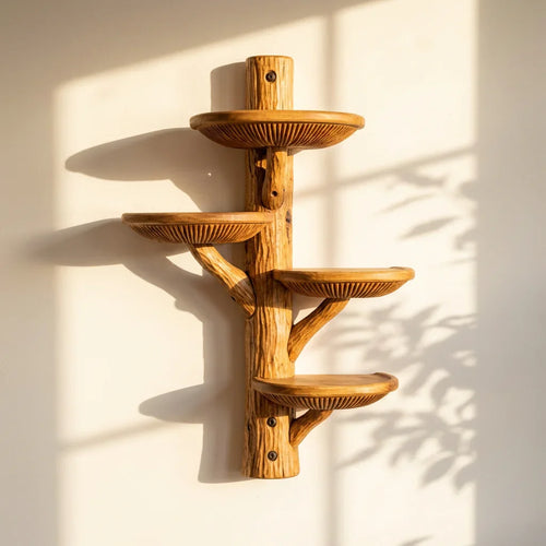 Mushroom Half-Round Wall Shelf with 4 Dished Caps and Deep Gill Carving, Handcrafted Solid Wood Floating Display Shelf for Kitchen, Bathroom, Bedroom, Plant Stand