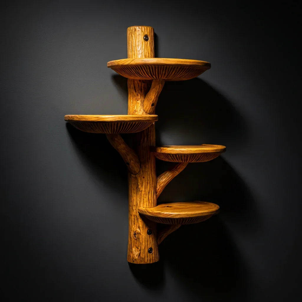 Mushroom Half-Round Wall Shelf with 4 Dished Caps and Deep Gill Carving, Handcrafted Solid Wood Floating Display Shelf for Kitchen, Bathroom, Bedroom, Plant Stand - Ashdeco 2026