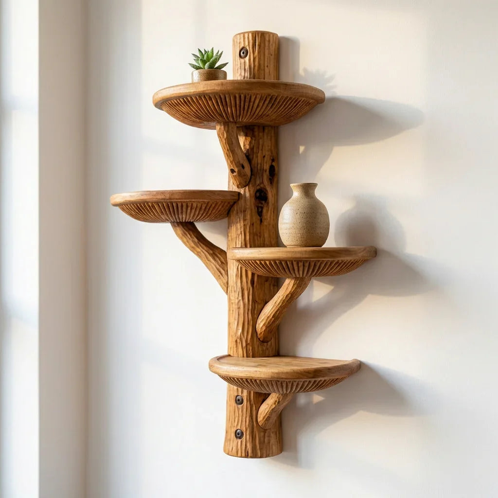 Mushroom Half-Round Wall Shelf with 4 Dished Caps and Deep Gill Carving, Handcrafted Solid Wood Floating Display Shelf for Kitchen, Bathroom, Bedroom, Plant Stand - Ashdeco 2026