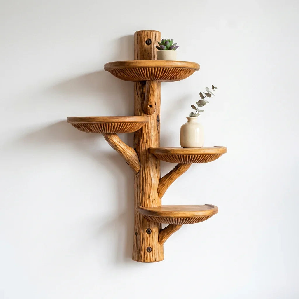 Mushroom Half-Round Wall Shelf with 4 Dished Caps and Deep Gill Carving, Handcrafted Solid Wood Floating Display Shelf for Kitchen, Bathroom, Bedroom, Plant Stand - Ashdeco 2026