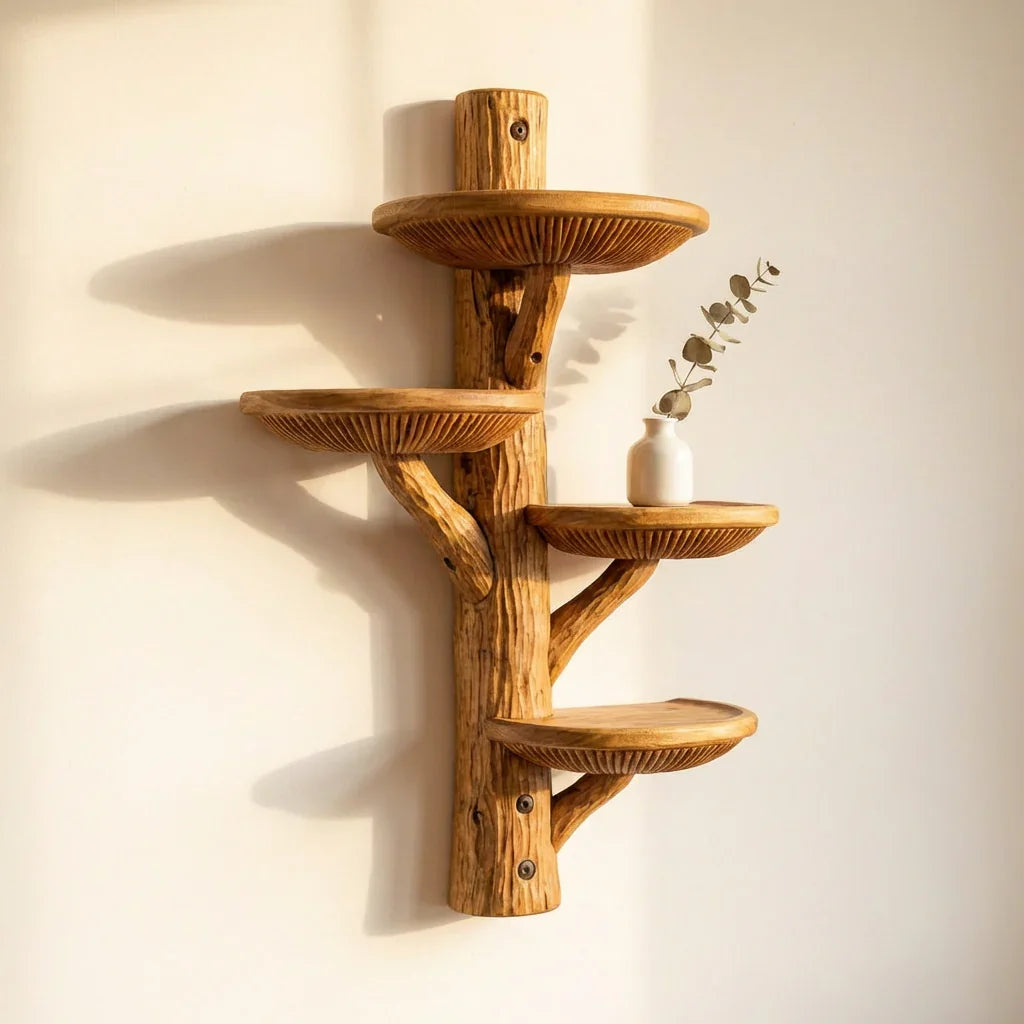 Mushroom Half-Round Wall Shelf with 4 Dished Caps and Deep Gill Carving, Handcrafted Solid Wood Floating Display Shelf for Kitchen, Bathroom, Bedroom, Plant Stand
