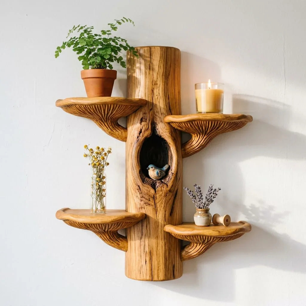Symmetrical Mushroom Wall Shelf with Paired Fan Shelves | Handcrafted Wood
