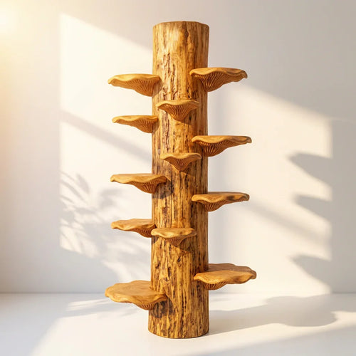 Mushroom Log Tower Bookshelf with Spiral Bracket Shelves, Handcrafted Freestanding Solid Wood Display Column for Living Room, Bedroom, Plant Stand