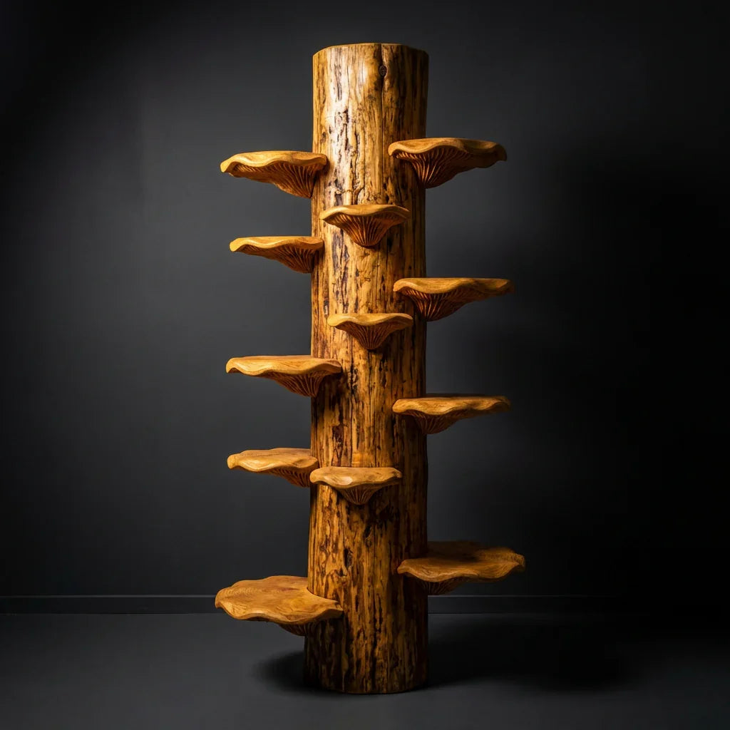 Mushroom Log Tower Bookshelf with Spiral Bracket Shelves, Handcrafted Freestanding Solid Wood Display Column for Living Room, Bedroom, Plant Stand - Ashdeco 2026